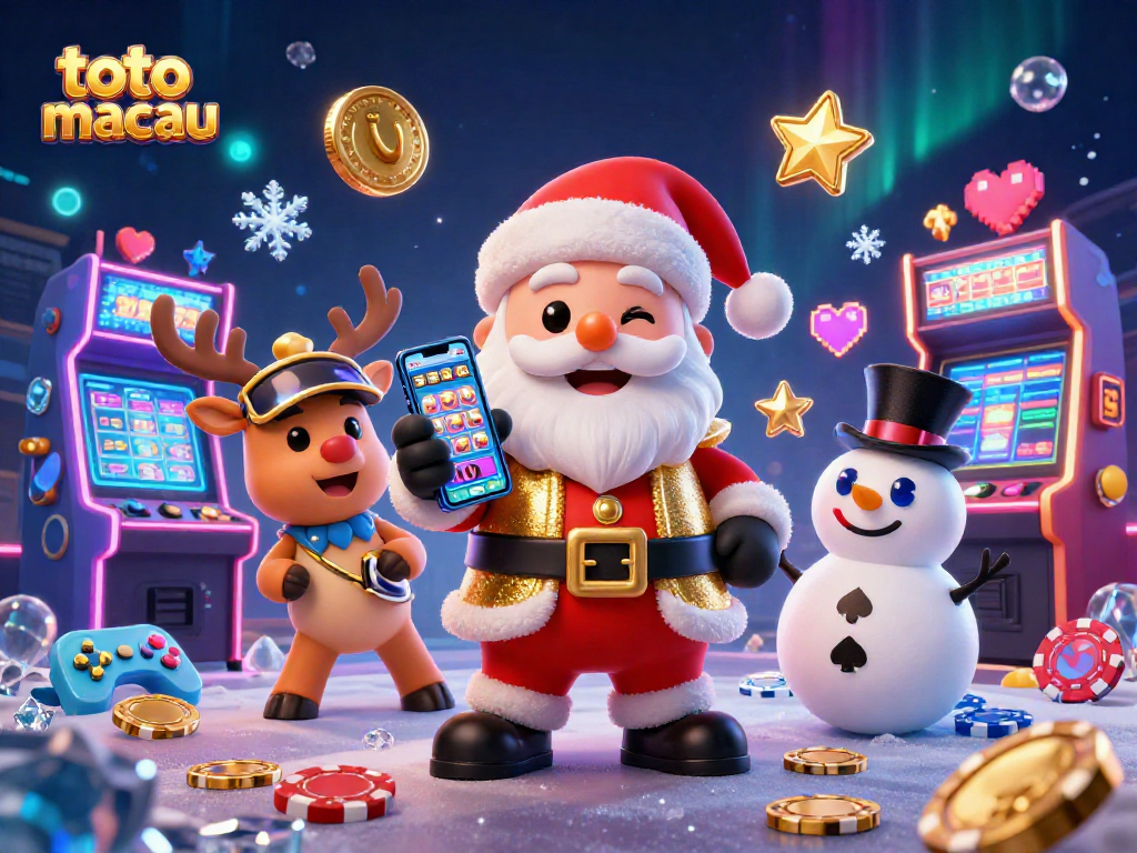 Mainkan toto macau di kasino bertema Natal dengan karakter Santa, rusa, dan salju.