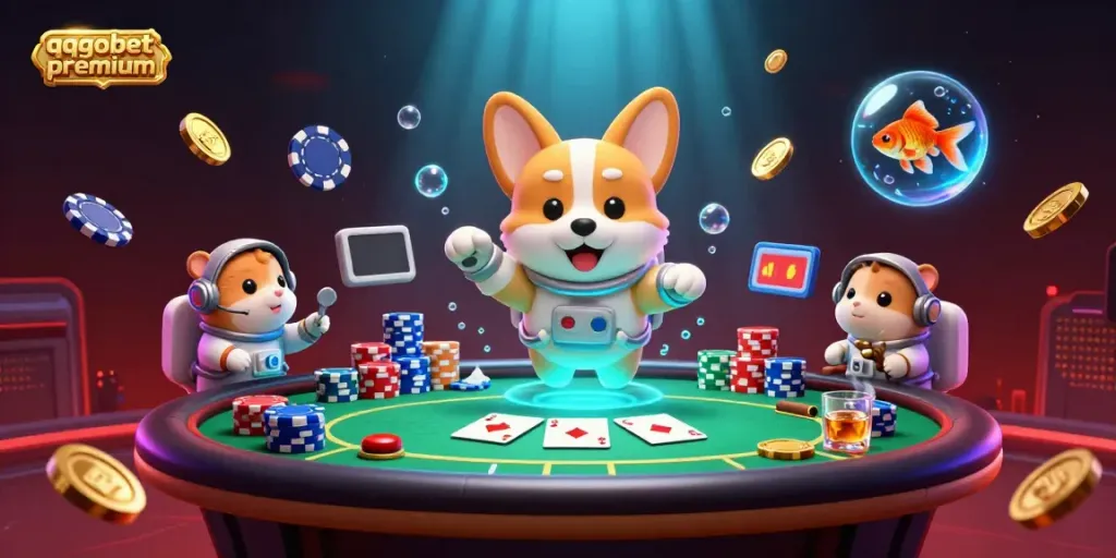Engage with the immersive world of qqgobetpremium, where a cartoon astronaut corgi navigates a vibrant casino scene.