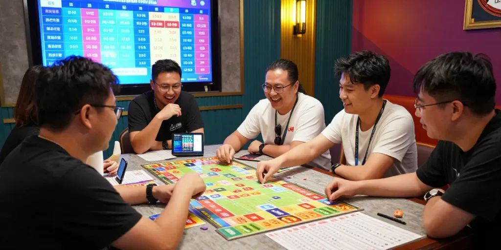 Bandar Toto Macau dengan pemain aktif dan kartu angka, suasana meriah dalam permainan