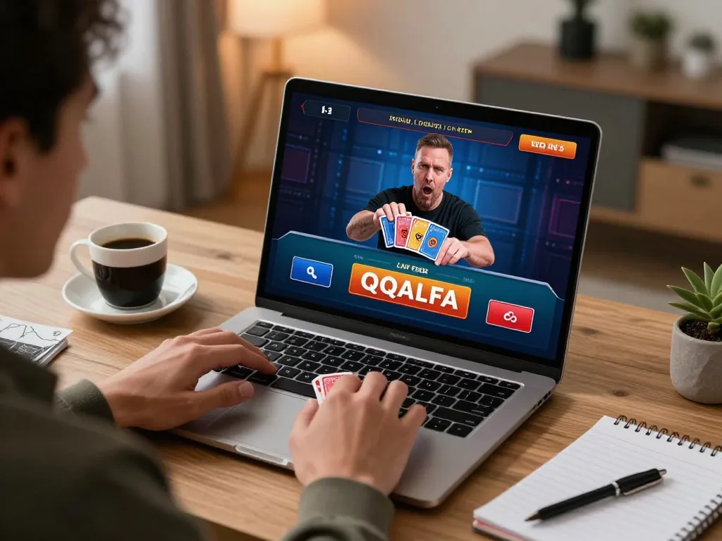 Engaging in QQALFA live dealer game with laptop, sophisticated home gaming atmosphere