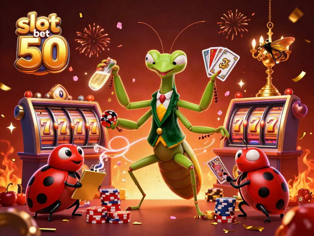 Bermain slot bet 50 dengan slot reel berputar dan elemen kasino yang meriah dalam ilustrasi 3D.