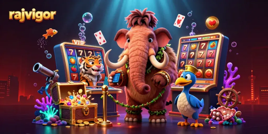 Experience thrilling slot action with rajavigor's cartoon mammoth bouncer checking IDs amidst vibrant game elements.