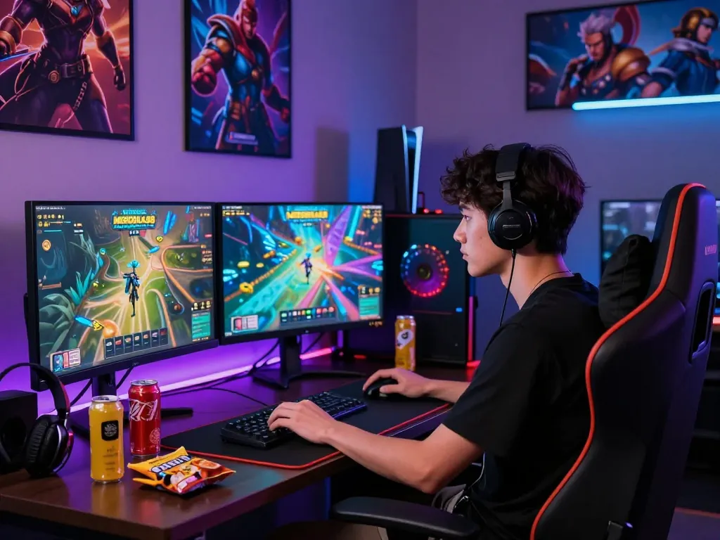 Exciting MERDEKA88 gaming environment showcasing a dedicated gamer with vibrant decor and modern equipment.
