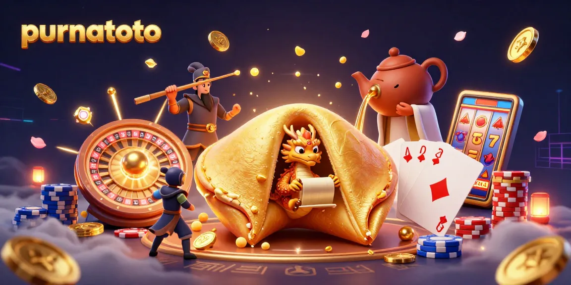 Purnatoto menampilkan ilustrasi 3D dari karakter kasino dengan koin emas melayang.