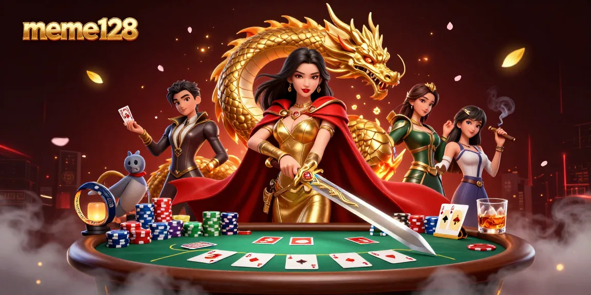 Experience the excitement of meme128 with a warrior queen at a vibrant poker scene.