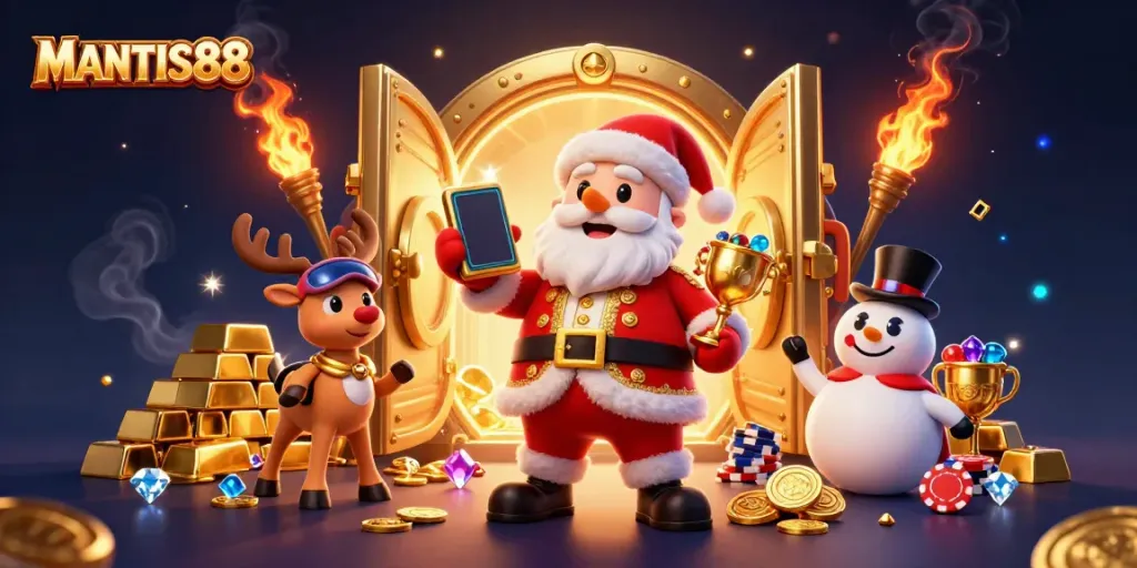Experience jackpot excitement with MANTIS88 as Santa and friends celebrate in a vibrant casino.