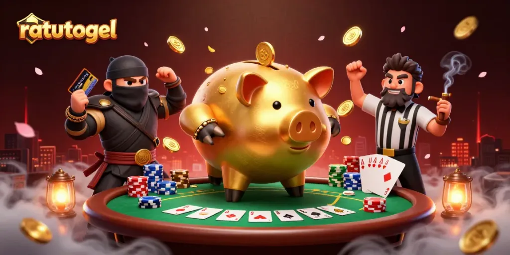 Engage in thrilling ratutogel action with a golden piggy bank wrestler and ninja characters.