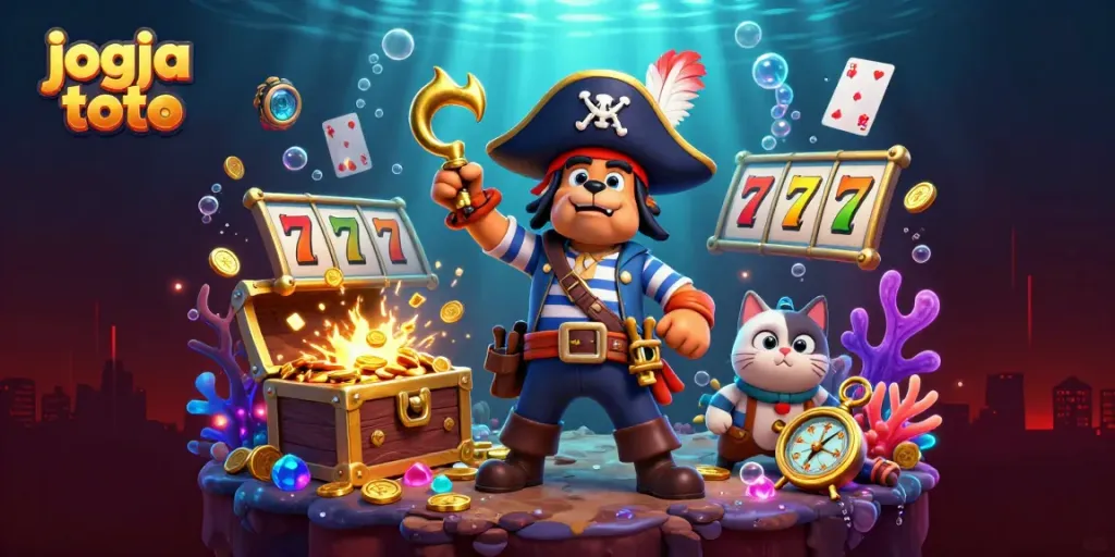 Play slots with jogja toto featuring characters in a vibrant 3D scene, immersed in treasure and excitement.