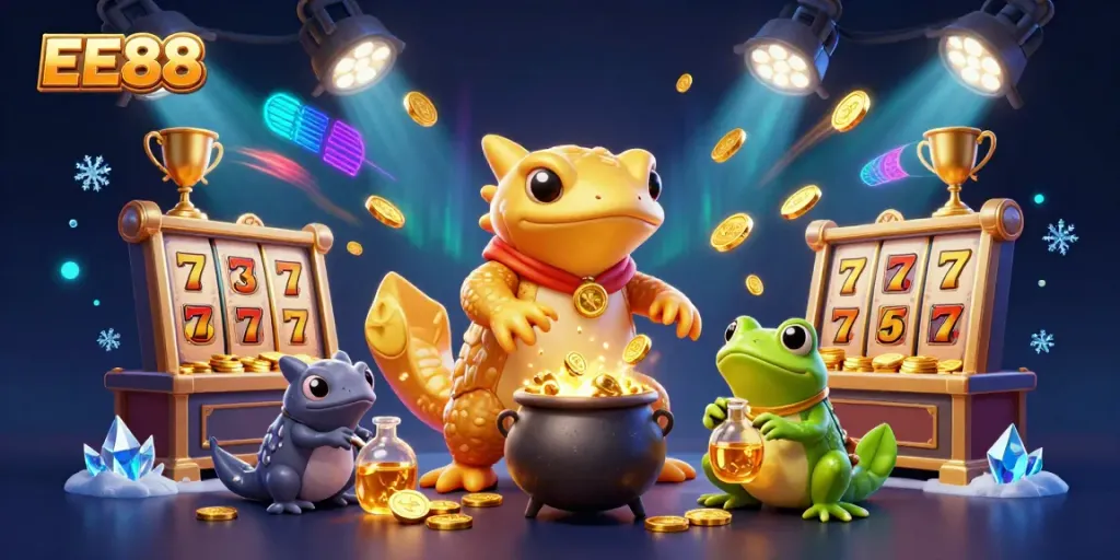 Engaging scene with a golden salamander alchemist at EE88's casino showcasing slots, gold coins, and dynamic gambling elements.
