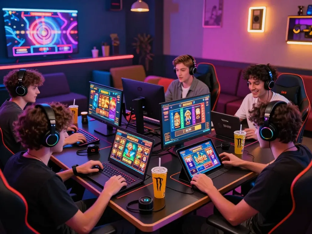 Pemain yang bersemangat terlibat dengan permainan slot virus88 di lounge permainan yang semarak