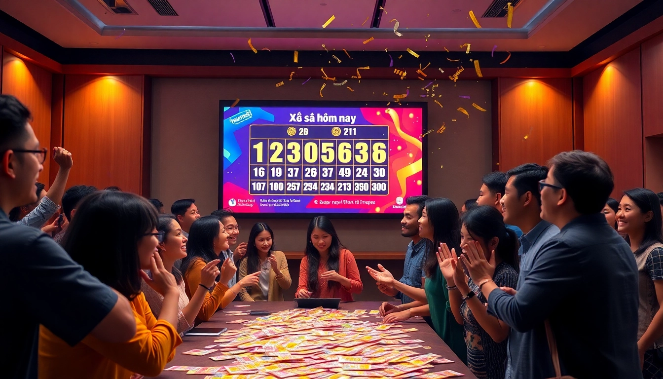 Xổ số hôm nay live drawing excitement with diverse audience celebrating winning numbers.