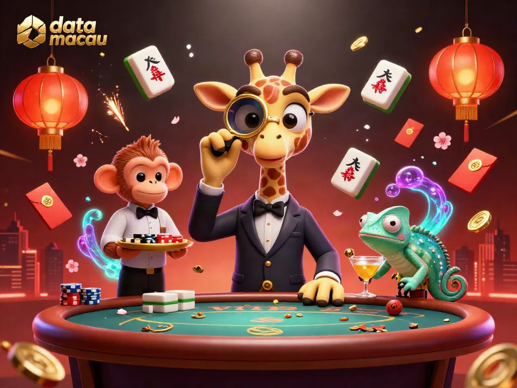 Meneliti data Macau dengan suasana kasino ditampilkan oleh jerapah dan teman-temannya di meja poker mewah.