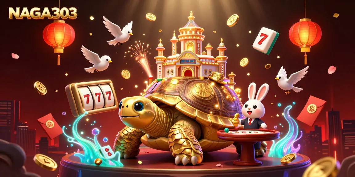 NAGA303 captures thrilling slots and jackpots with a golden tortoise casino illustration.