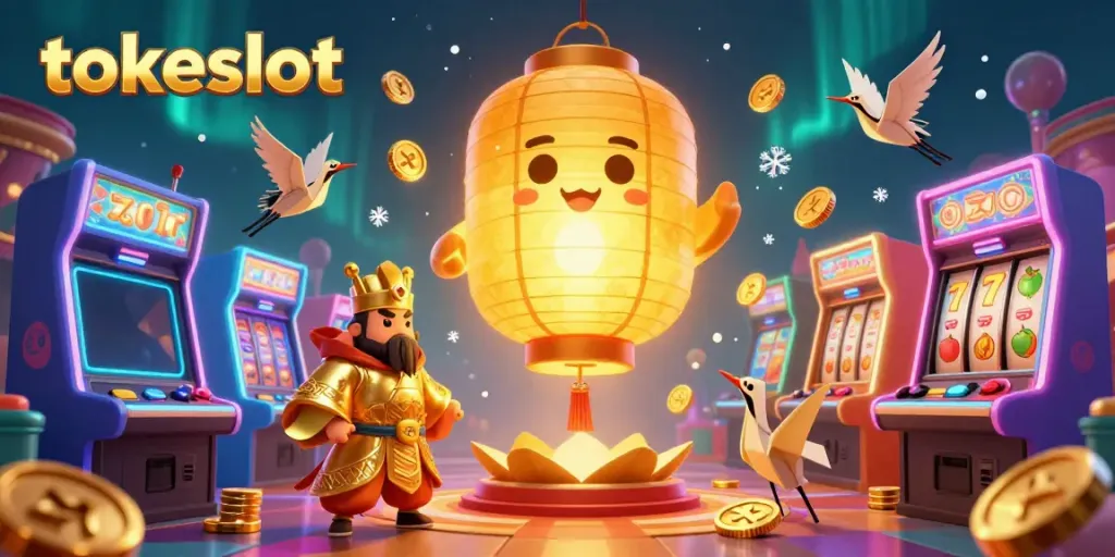 Engage with tokeslot, enjoying vibrant casino elements and a glowing lantern spirit in a dynamic gaming atmosphere.