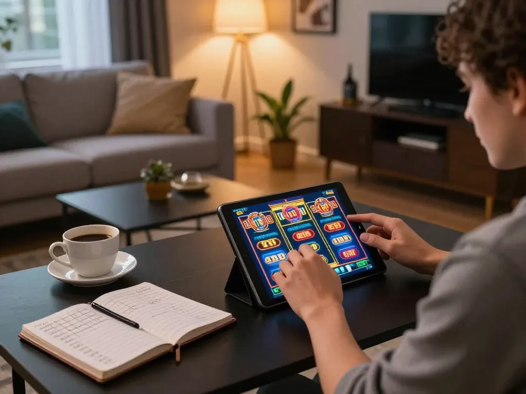 Engaging in online gaming at https://fabet.limited/ with warm lighting and strategic notes.