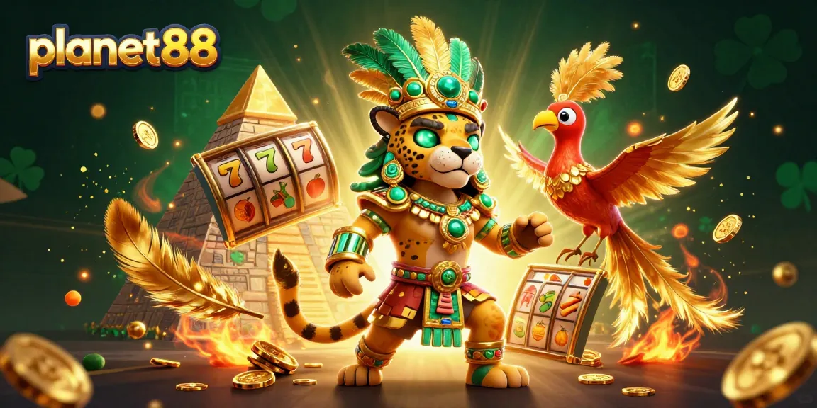 Spin to win at planet88 with exciting slot reels and vibrant 3D characters in an immersive casino scene.