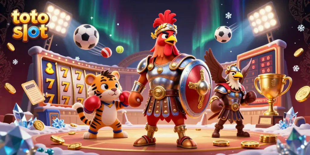 Bermain dengan toto slot yang menarik, sambil dikelilingi simbol keberuntungan dan prestasi di arena kasino.