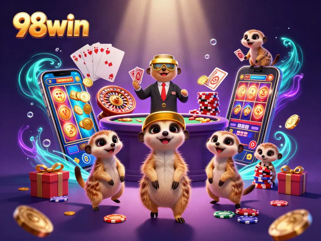 Engaging meerkats in an elaborate casino operation for 98win, showcasing vibrant gaming elements.