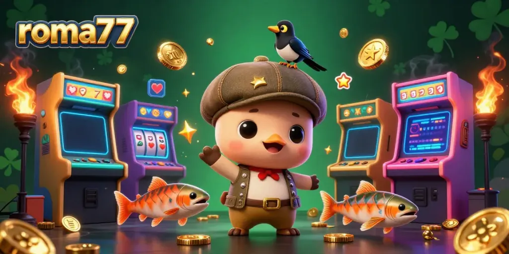Game eksotis roma77 dengan mesin slot dikelilingi karakter lucu dunia maya.