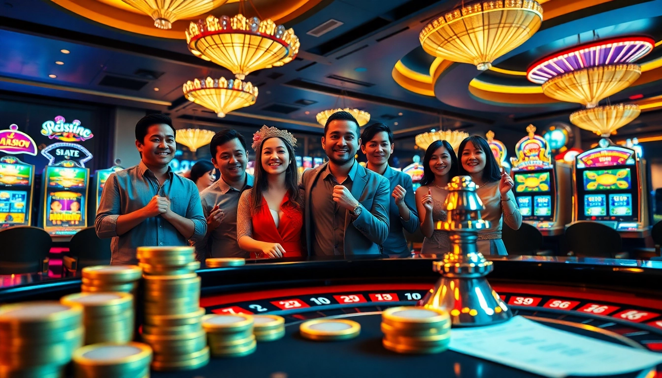 Situs Gacor di kasino mewah, menampilkan beragam pemain di sekitar meja rolet dan chip poker.