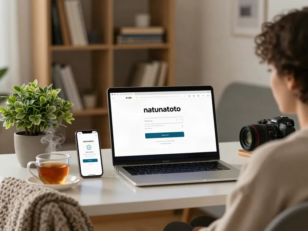 Login natunatoto di ruang kerja nyaman, dengan laptop terbuka, tanaman hias, dan buku teknologi di latar belakang.