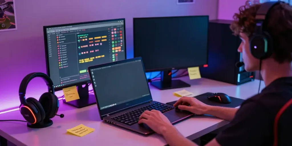 Permainan online di atas meja gaming dengan desain sederhana dan peralatan lengkap dari harum4d