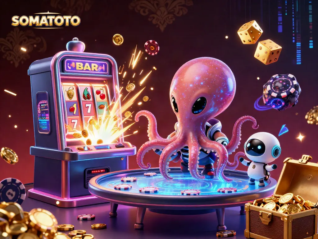 SOMATOTO showcases thrilling action with an alien octopus at a holographic poker table in a vibrant casino scene.