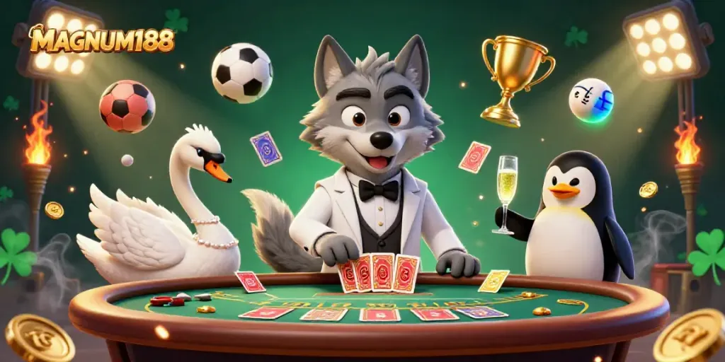 Experience MAGNUM188 with a lively scene of a wolf, swan, and penguin at a baccarat table surrounded by dynamic sports elements.
