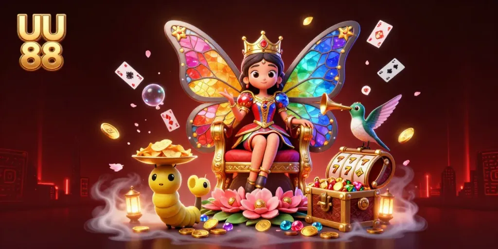 Experience the magic of UU 88 with vibrant characters, exciting games, and thrilling riches in this dynamic casino scene.
