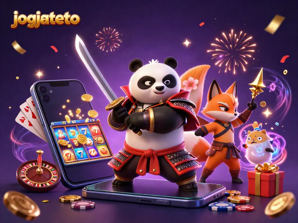 Experience the thrill of jogjatoto through a vibrant samurai panda and ninja fox in a dynamic casino scene.