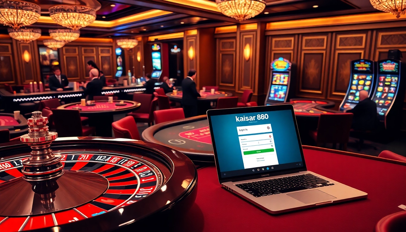 Kaisar888 login scene highlighting an elegant casino atmosphere with roulette and blackjack tables.