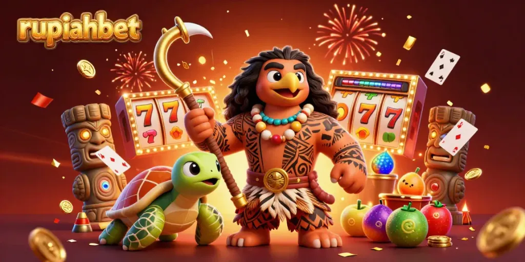 Experience excitement at rupiahbet with a dynamic scene featuring a demigod and a turtle amidst vibrant gaming elements.