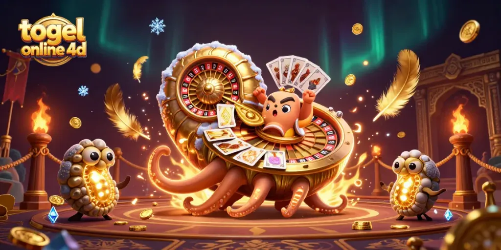 Mengakses togel online 4D dengan ilustrasi kasino yang menarik dan dinamis di latar belakang yang mewah.