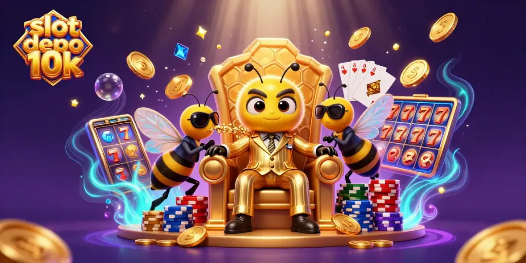 Engage with slot depo 10k strategies amid a bustling casino scene featuring vibrant characters and dynamic game elements.