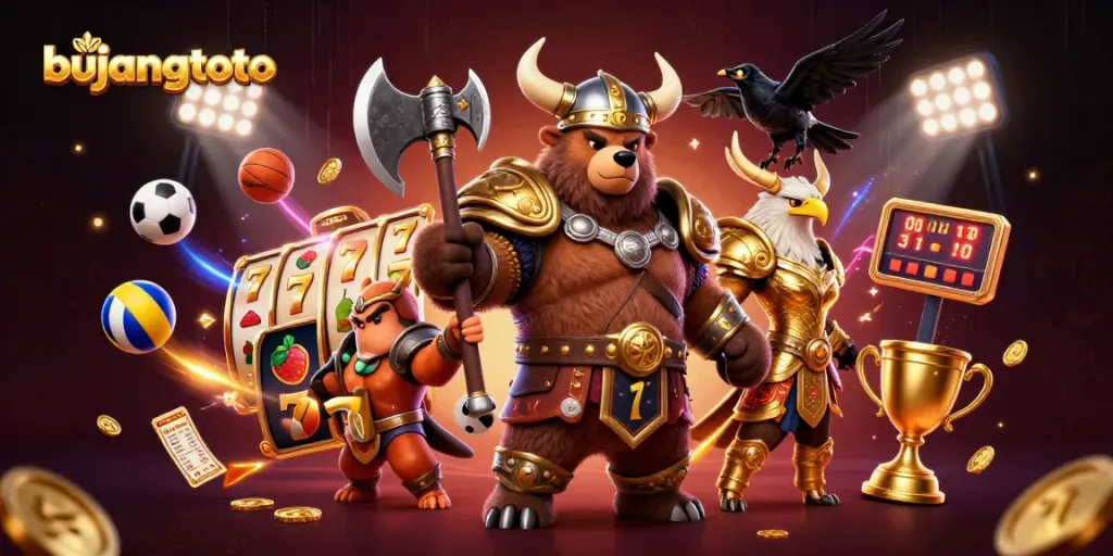 Bujangtoto menampilkan gambaran 3D Viking dan elemen kasino menarik seperti uang emas dan bola olahraga.