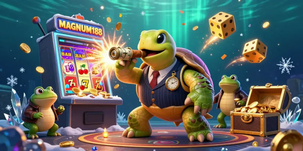 Experience the excitement of MAGNUM188 as characters celebrate big wins with slot machine jackpots and colorful casino games.