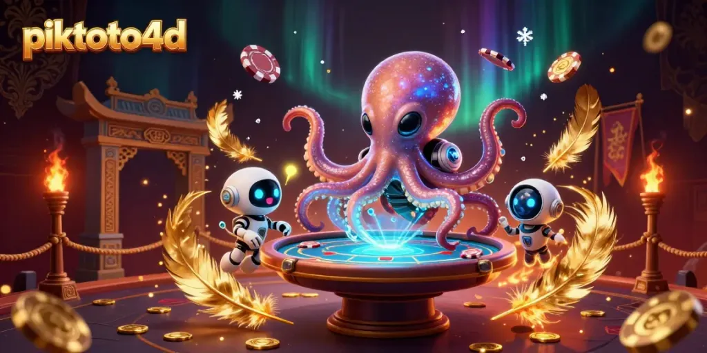Experience thrilling gameplay at piktoto4d with an alien octopus at a holographic poker table.