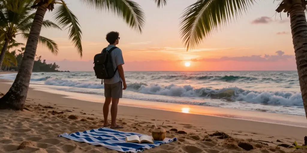 Natunatoto di pantai tropis saat matahari terbenam, dengan pemandangan indah.