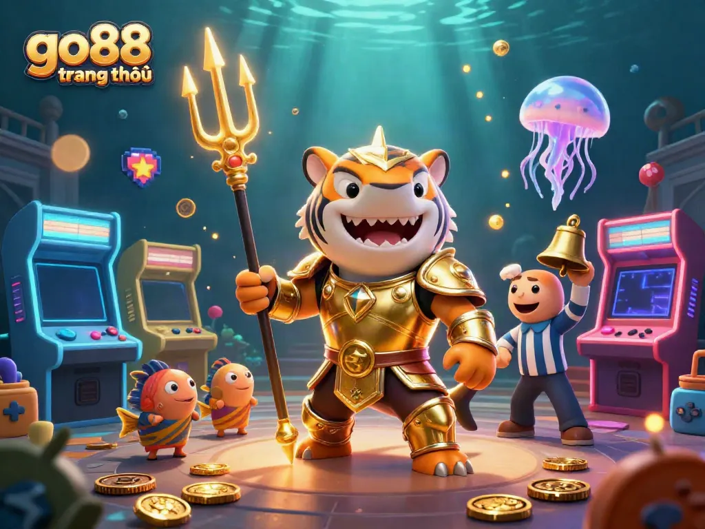 Engage with vibrant underwater gaming adventures at go88 trang chủ, featuring a shark in armor among arcade game elements.