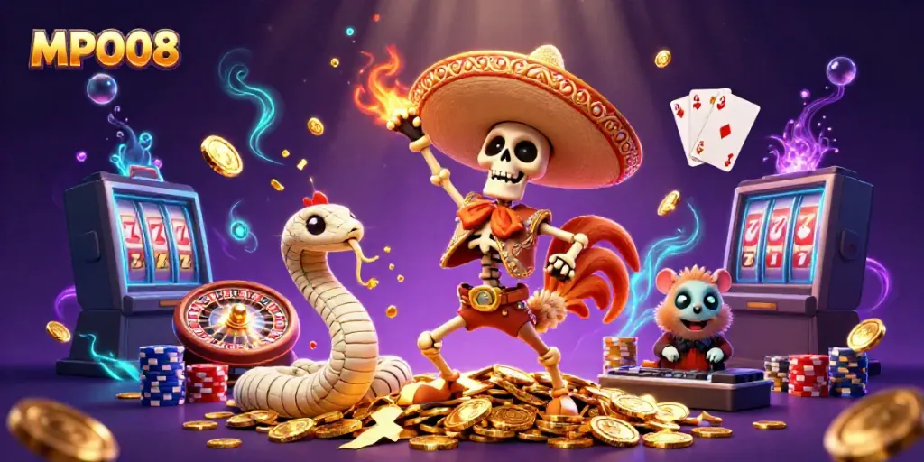 Experience the thrill of MPO08 with vibrant characters dancing among gold coins in an exciting casino scene.