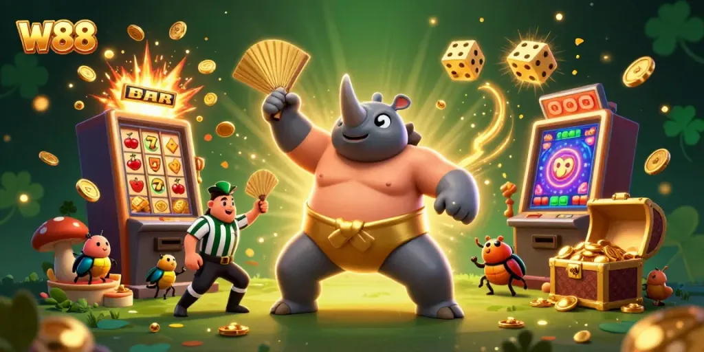 Experience thrilling gameplay at W88 with a vibrant casino scene of beetle champions and gold coins.