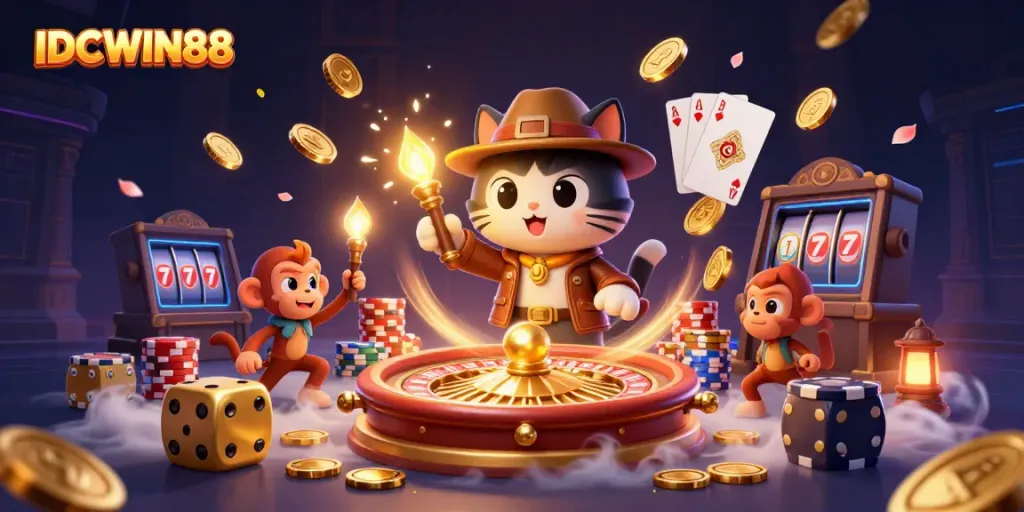 Experience the thrilling game features of IDCWIN88 through an explorer cat discovering riches in a vibrant casino scene.