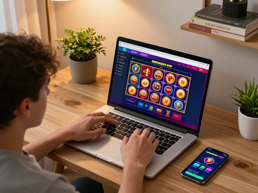The user explores gawang69 online casino games on a laptop while enjoying a cozy home environment, promoting responsible gaming.
