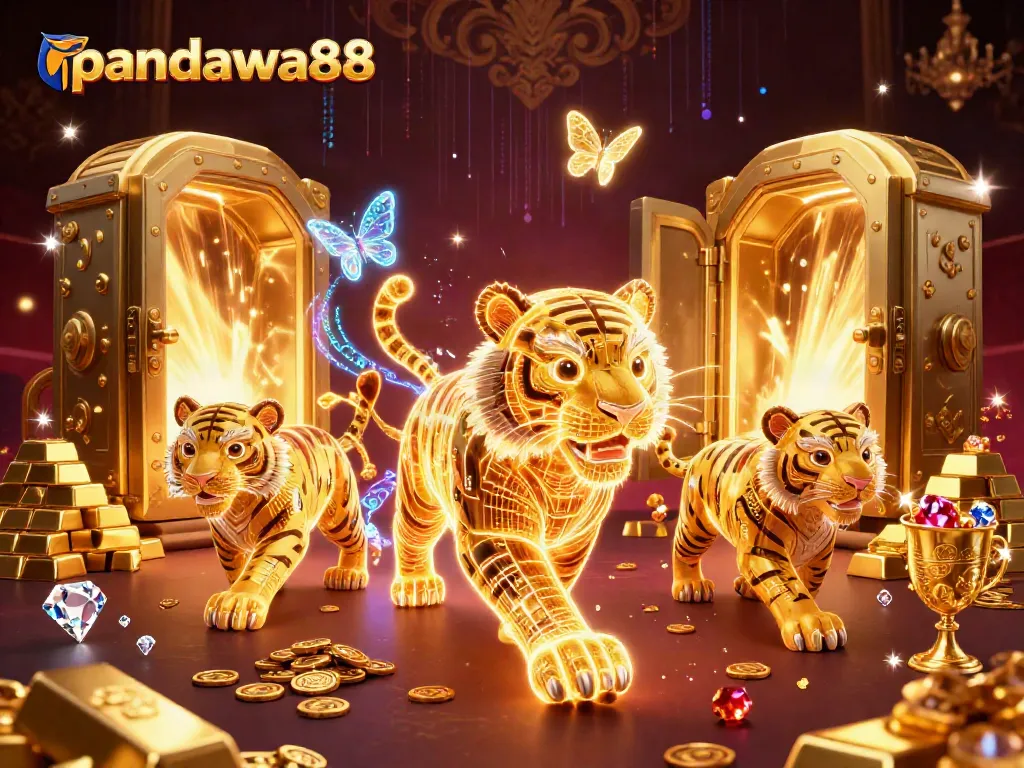 Jelajahi dunia pandawa88 dengan harimau emas neon yang bersinar di kasino digital.