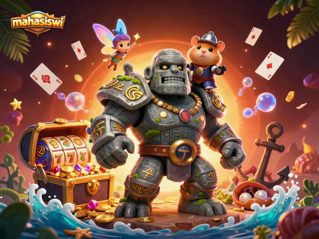 Engage in thrilling casino action with mahasiswi surrounded by vibrant gaming elements and magical characters.