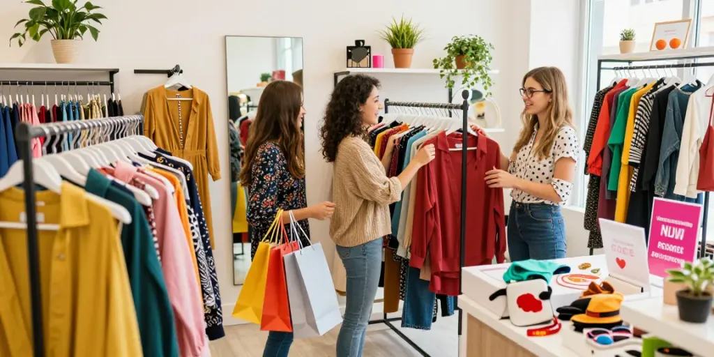 Pengunjung bersemangat menjelajahi situs gacor di toko fashion, dikelilingi pakaian berwarna-warni.
