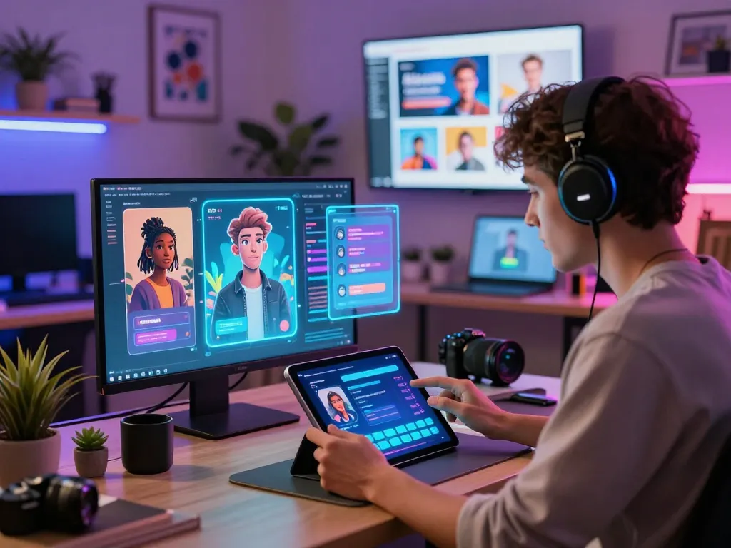 Exciting crushon ia interaction scene with user engaging AI characters in a dynamic workspace.