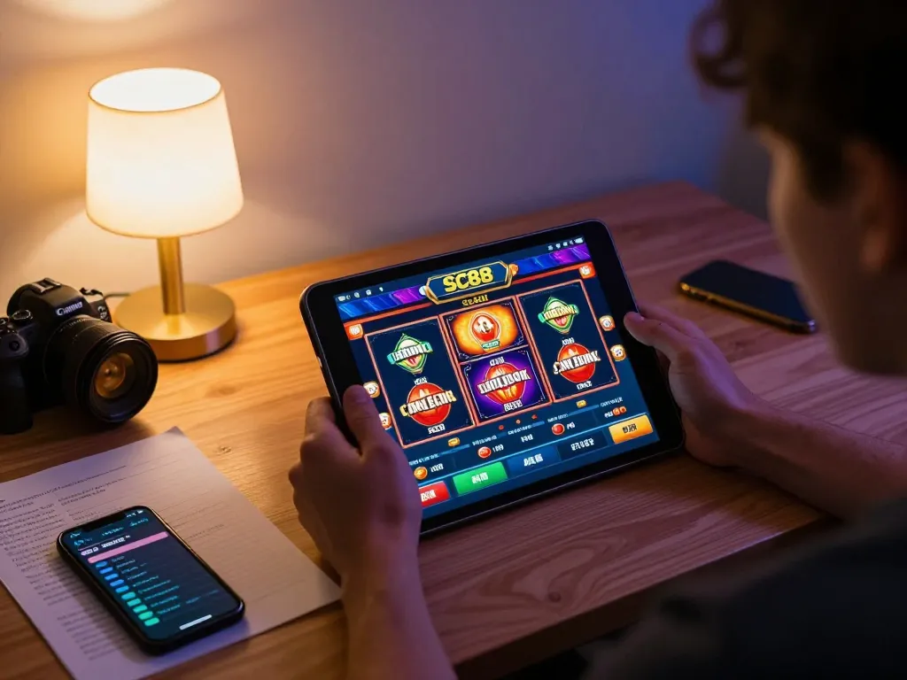 Engaging with the SC88 casino app during a cozy home gaming session, showcasing a tablet with vivid game graphics