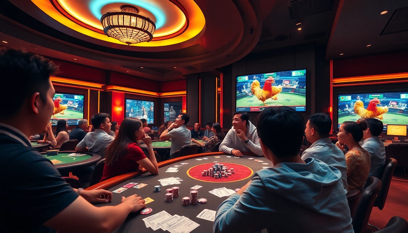 Exciting scene of đá gà trực tiếp with engaged viewers observing a live betting event in a luxurious casino.