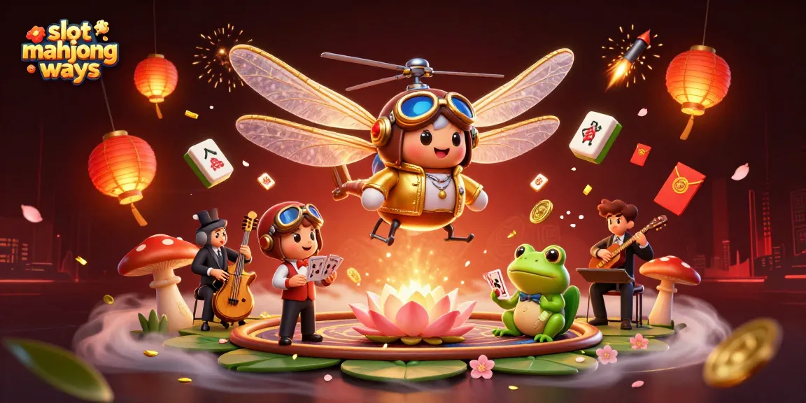Play slot mahjong ways at a vibrant lily pad casino featuring animated characters and festive decorations.